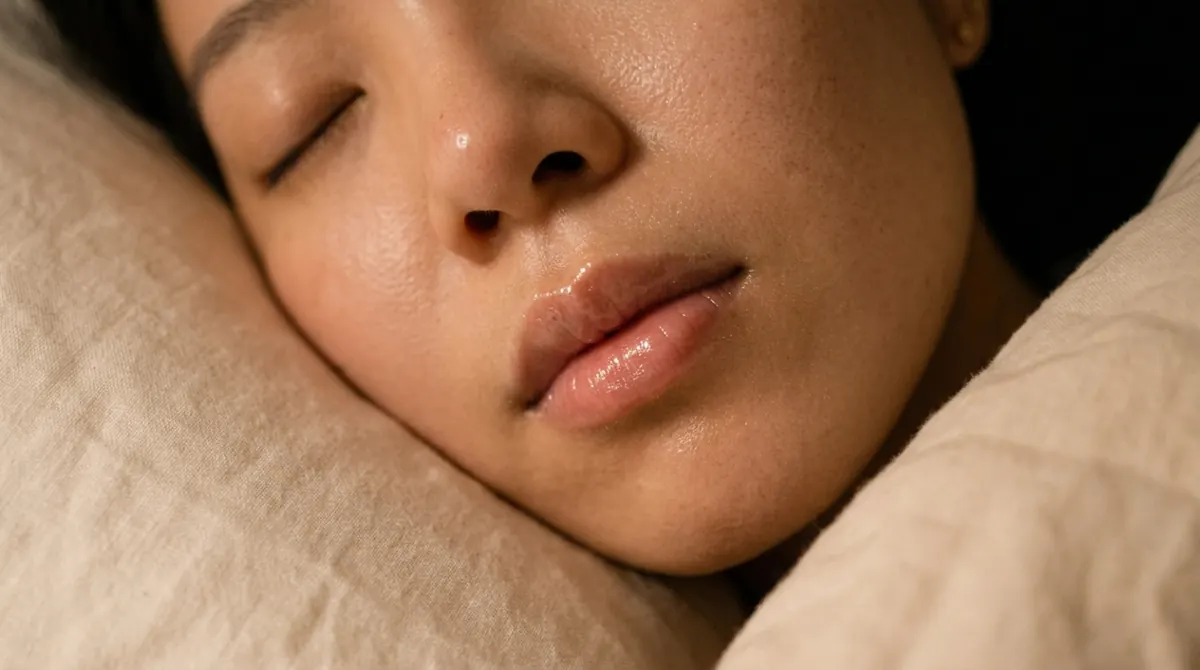 枕に頬をあずけて眠る女性の口もと