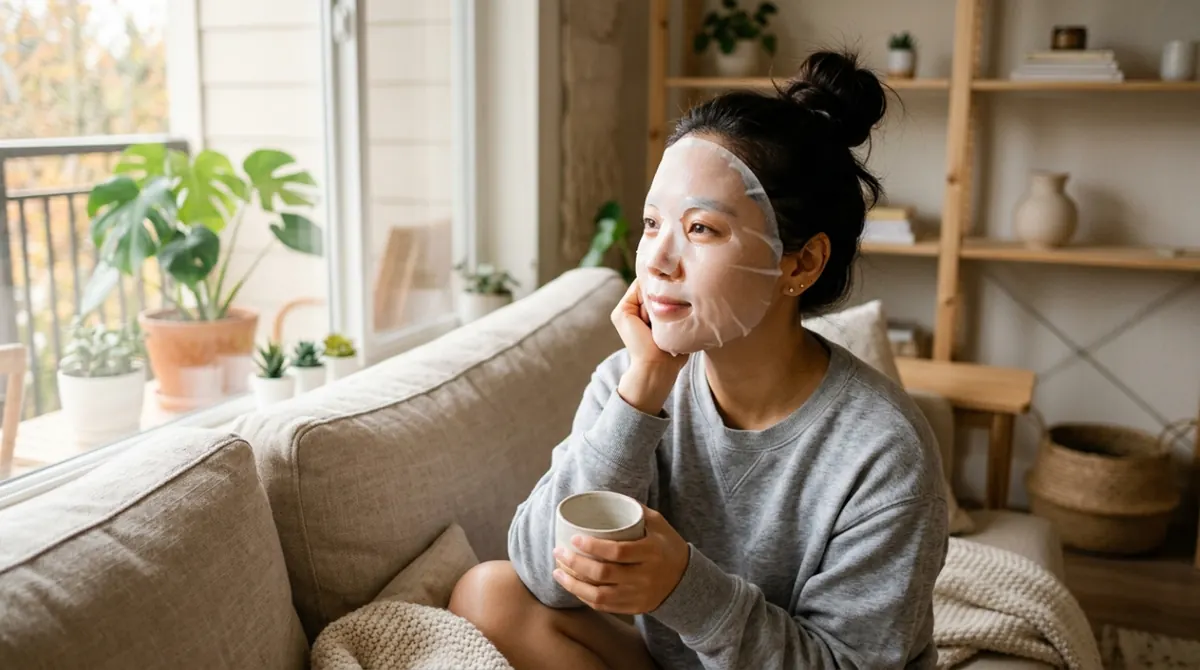 ソファでシートマスクをしながら、窓の外を眺める女性