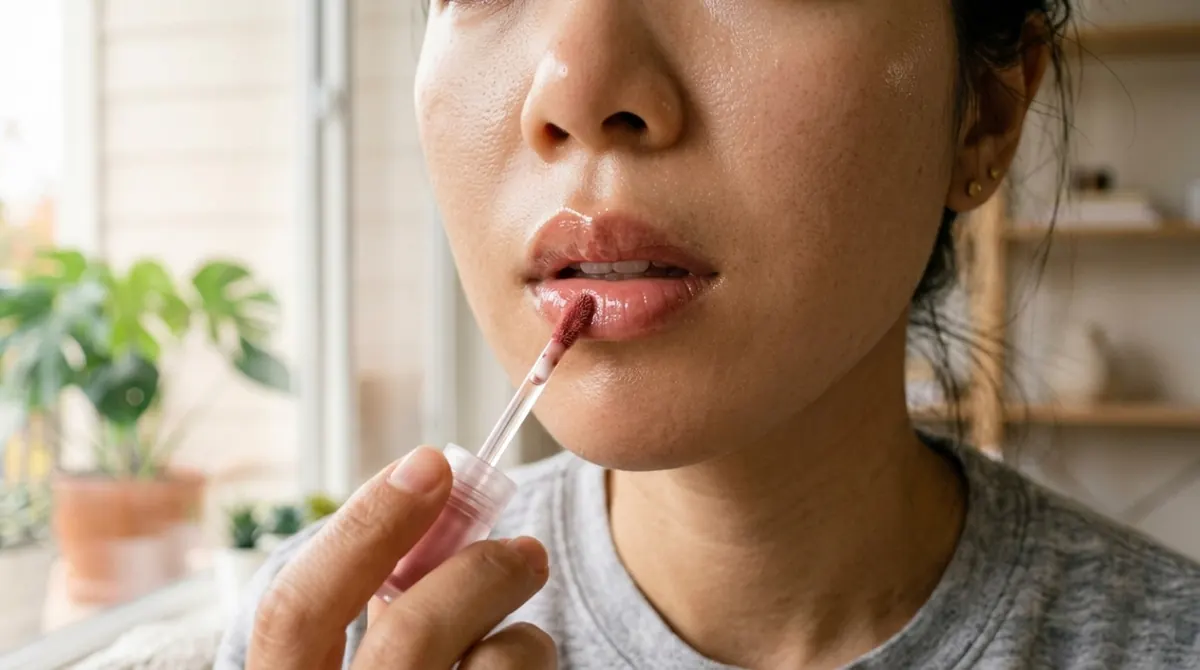 ツヤのあるリップティントを唇の中央にのせる女性の口もと