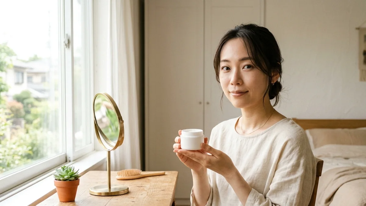 小さな白い容器を両手で持って微笑む女性