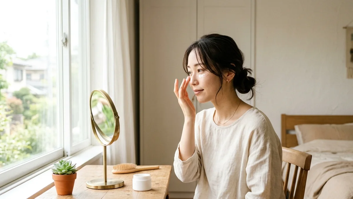窓辺の化粧台の前で、目元にクリームをなじませる女性