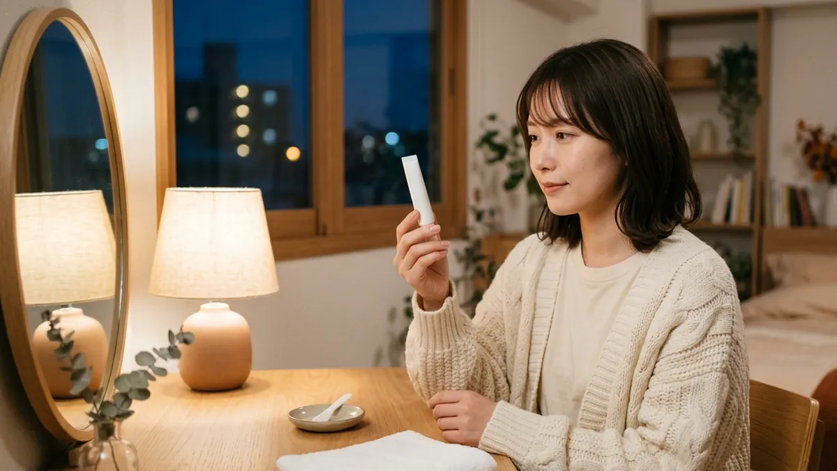 夜、ドレッサーの前で小さな美容液のチューブを手に取る女性
